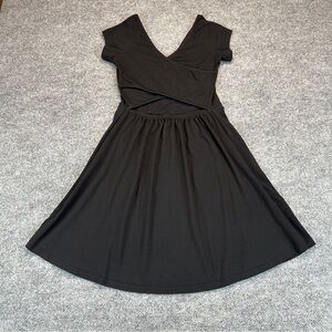 PACT Organic Cotton Helena Cutout Cross Back Fit & Flare Dress Black Pockets SzM